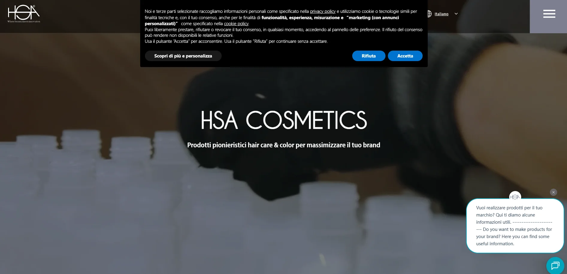 HSA Cosmetics homepage featuring a privacy consent banner and company branding text.